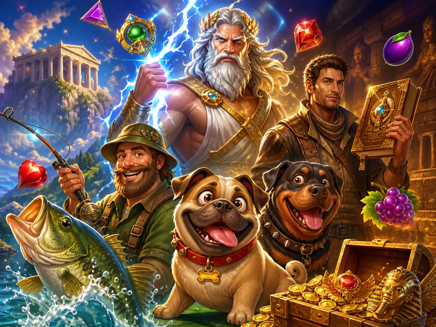 Premium slot game promotional artwork featuring a blend of recognizable fantasy and adventure themes with vibrant characters
